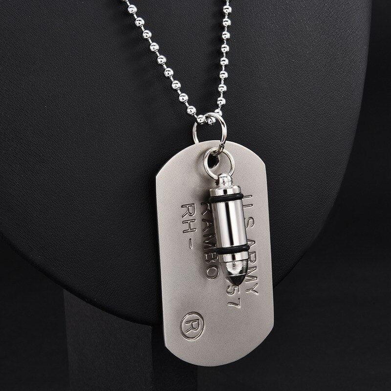 Men Military Army Bullet Charm Dog Tags SINGLE EMBOSSED Chain Pendant Necklace Jewelry Gift