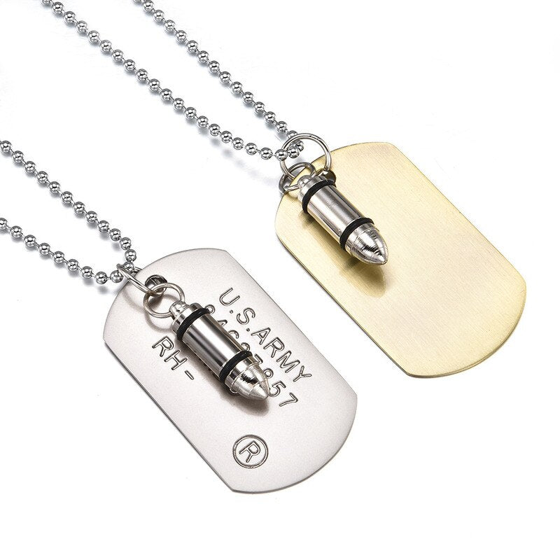 Men Military Army Bullet Charm Dog Tags SINGLE EMBOSSED Chain Pendant Necklace Jewelry Gift