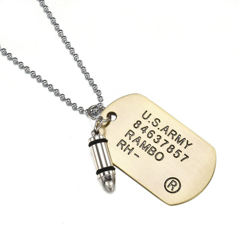 Men Military Army Bullet Charm Dog Tags SINGLE EMBOSSED Chain Pendant