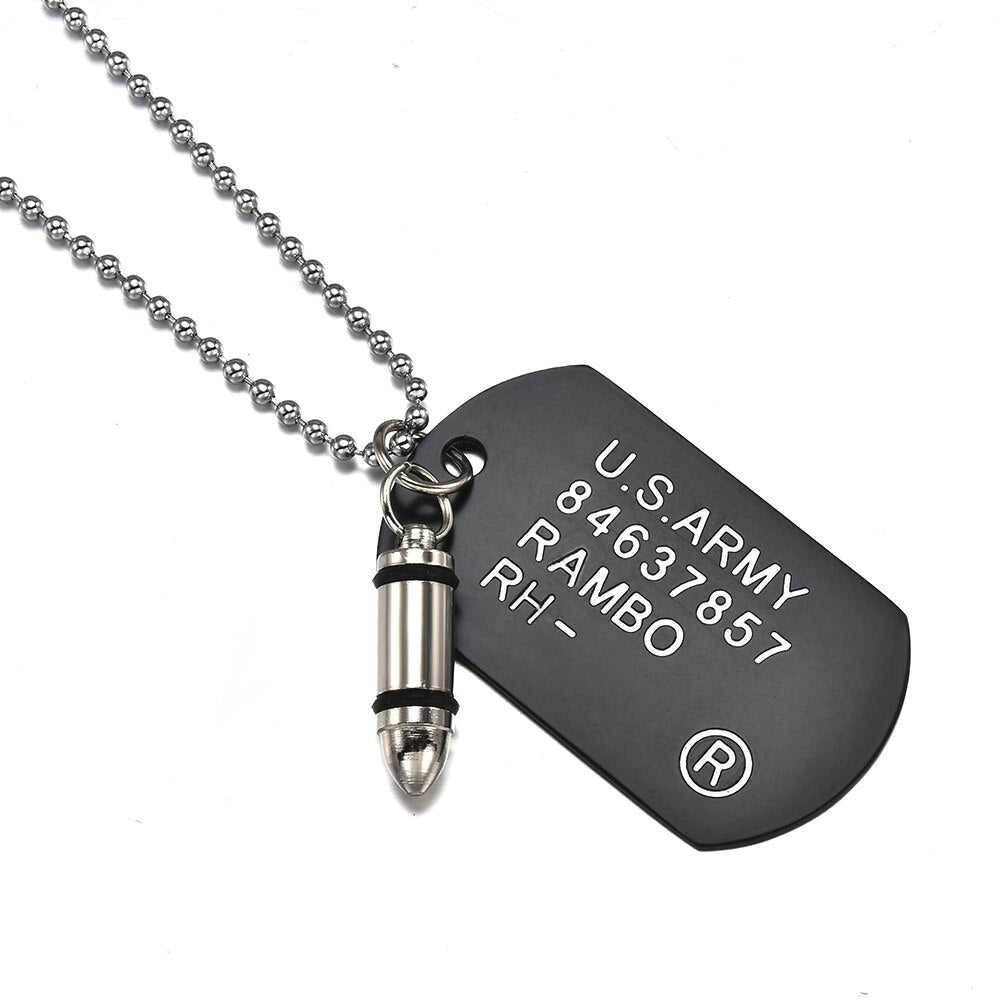 Men Military Army Bullet Charm Dog Tags SINGLE EMBOSSED Chain Pendant