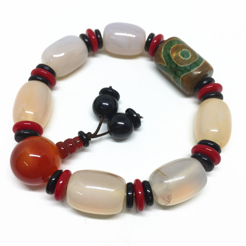 High Quality Green Three Eyes Dzi Beads Amulet with White Agate Stone Tibetan Dzi Beads Bracelet for Men & Women Fine Jewelry