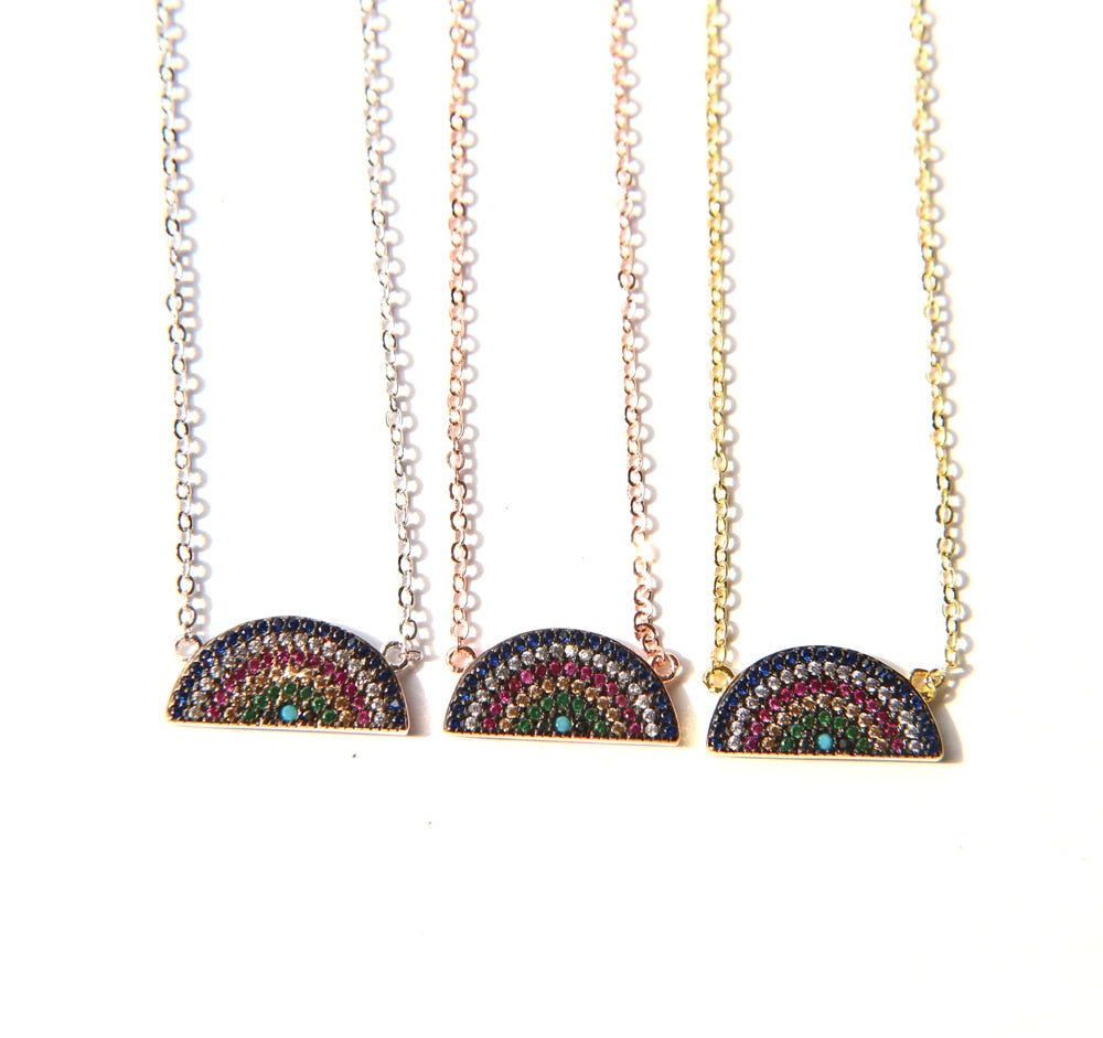 High Quality Half Rainbow charm paved cz Turquoises multi color stones pendant necklace for Girl Women Necklace 3colors chain