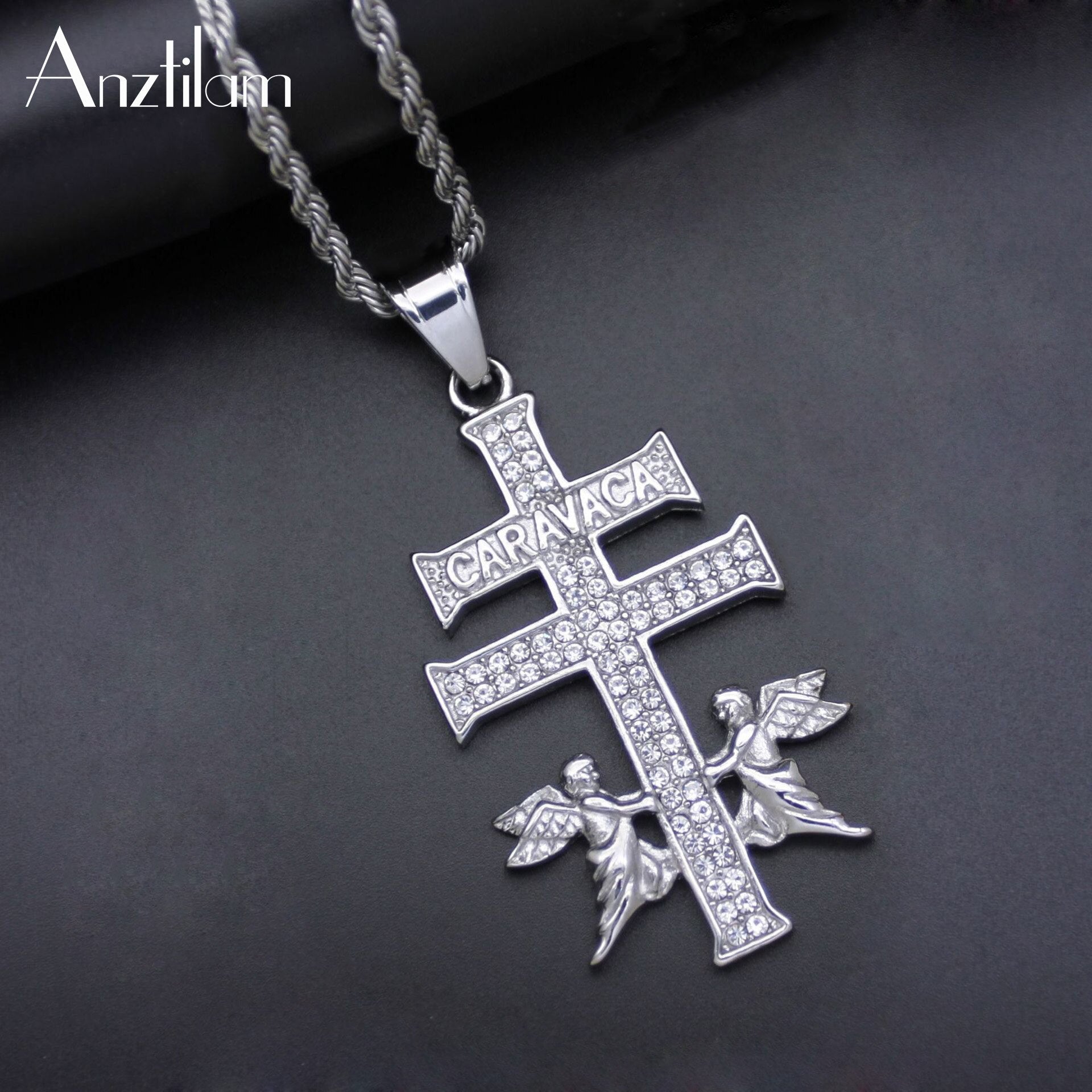 Hip Hop Rhinestones Paved Iced Out Stainless Steel Caravaca Angel Cross Pendants Necklaces for Men Rapper Jewelry