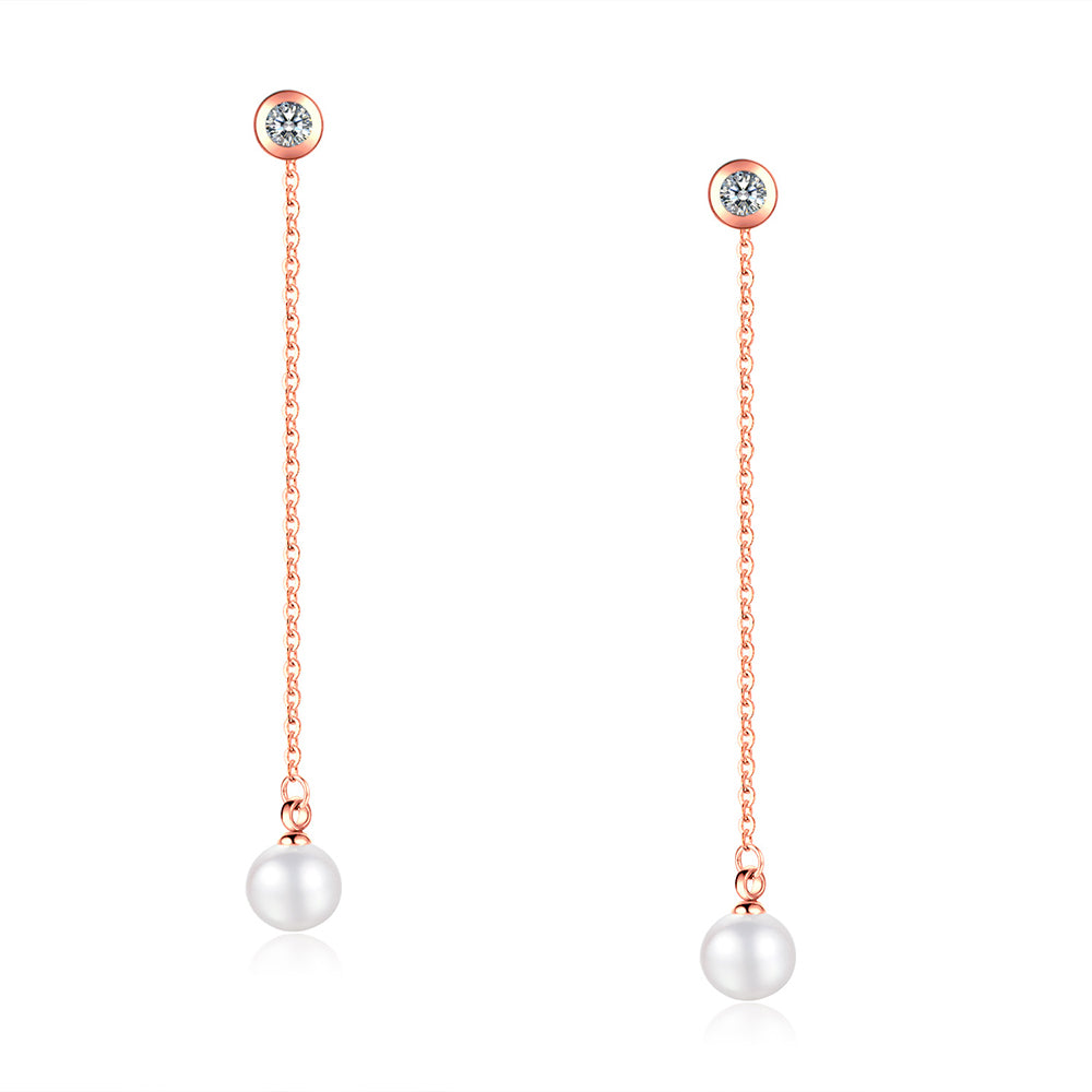 High Quality Rose Gold Color Silver Hollow Out Pearl Zircon Tassel Earrings with Stone Inside Stud Earrings for Elegant Women
