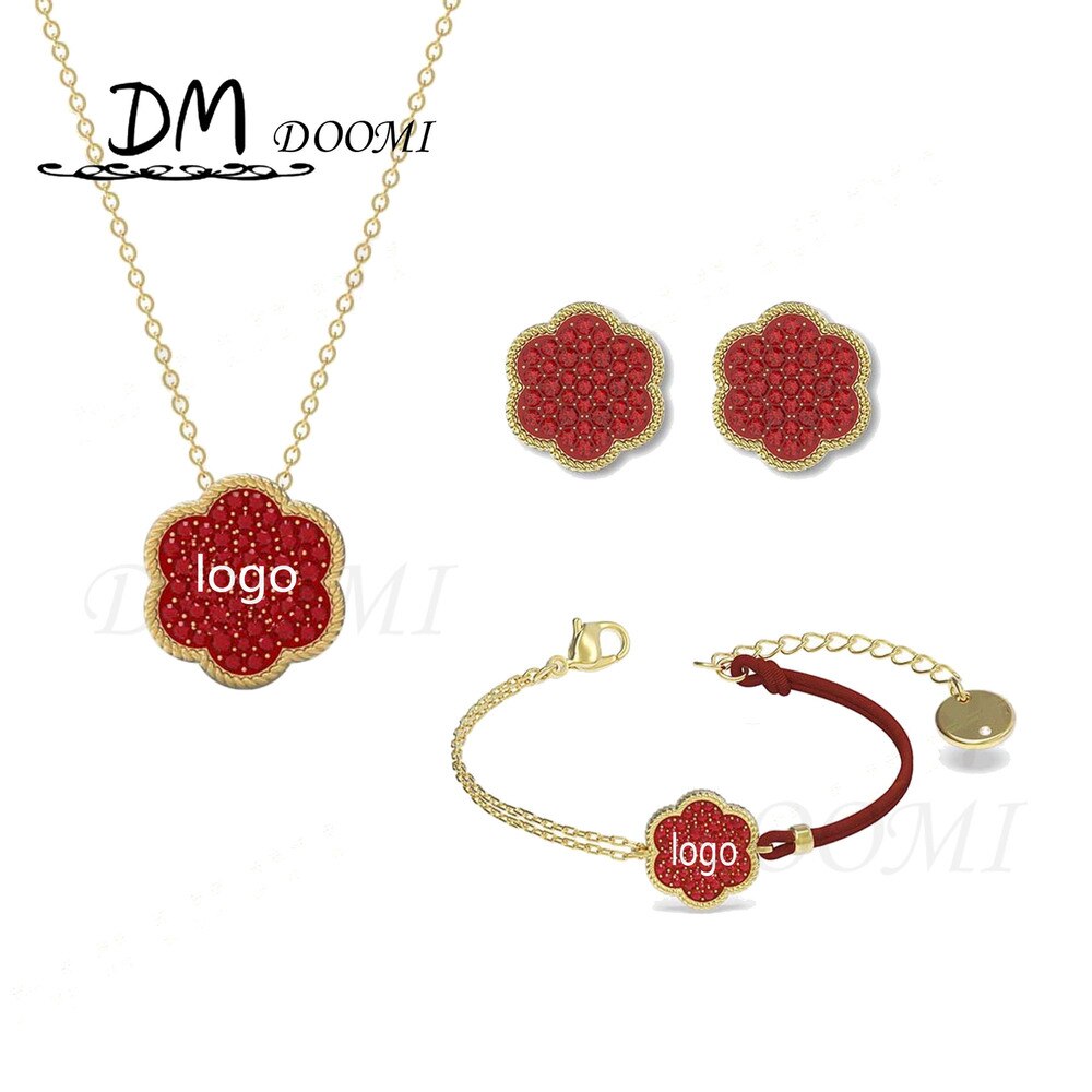 SWA 1:1 Jewelry Set Charm Simple Red Flower Clover Pendant Necklace Year Gift Gift For Girlfriend
