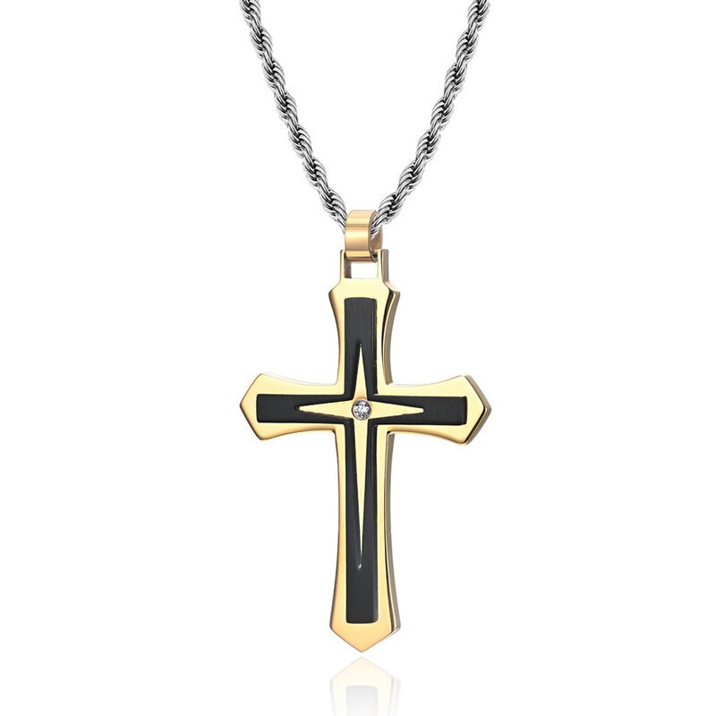 Stainless Steel Jewelry Diamond Necklace Gold/Black/Blue Vacumm Plated Men's Cross Pendant