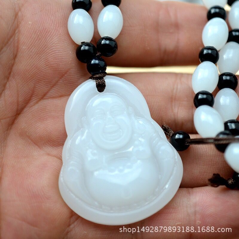 High Quality Unique Natural White crystal Carved Buddha Happy Amulet Pendant Necklace For Women Men Pendant jade Jewelry Gift