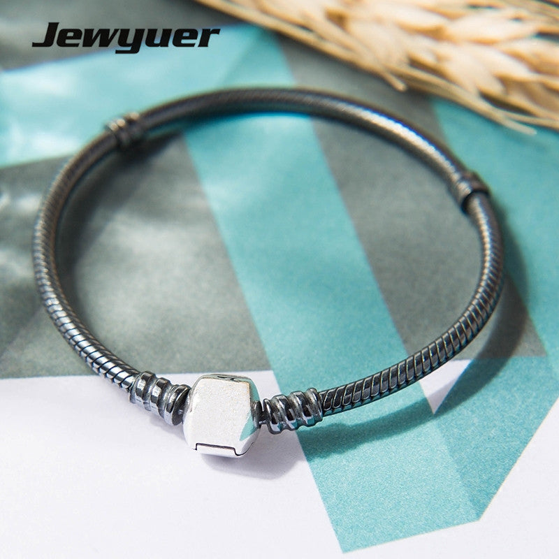 High quality Oxidized silver bracelets for women snake chain bangle fit bead charm 925 sterling silver jewelry DIY YL002