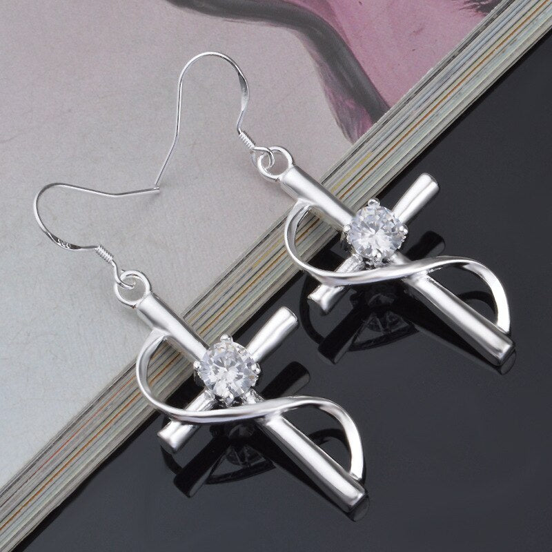 charm 925 Sterling Silver noble crystal cross Drop Earrings for Woman wedding party Jewelry Christmas Gifts
