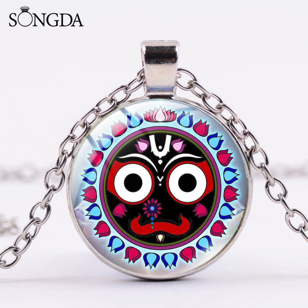 Hindu God Jagannath  India Necklace Jewelry Flower Lotus Photo Round Glass Dome Chains Necklace For Women Gift