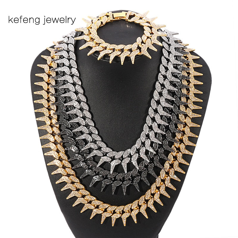 Hip Hop 23MM Heavy Iced Out Cuban Rivet Spike Thorns Link Chain Full Crystal Pave Men's Bracelets Necklace for Men Jewelry