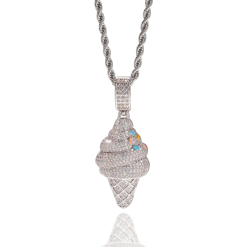 Hip Hop AAA Cubic Zirconia Bling Iced Out Silver Color Ice Cream Pendants Necklace for Men Women Jewelry Drop Shipping