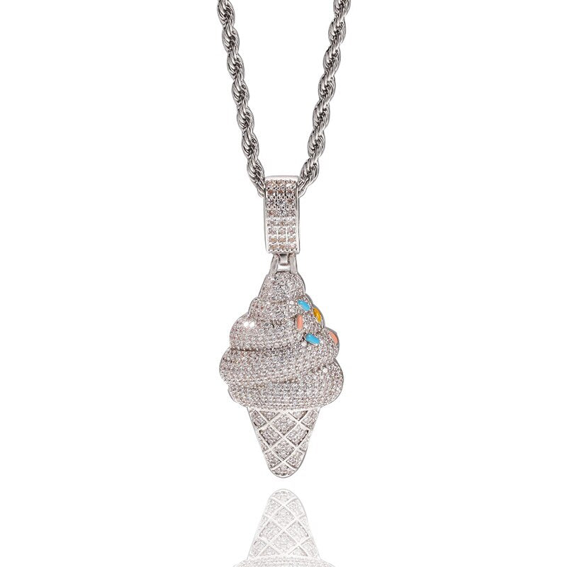 Hip Hop AAA Cubic Zirconia Bling Iced Out Silver Color Ice Cream Pendants Necklace for Men Women Jewelry Drop Shipping
