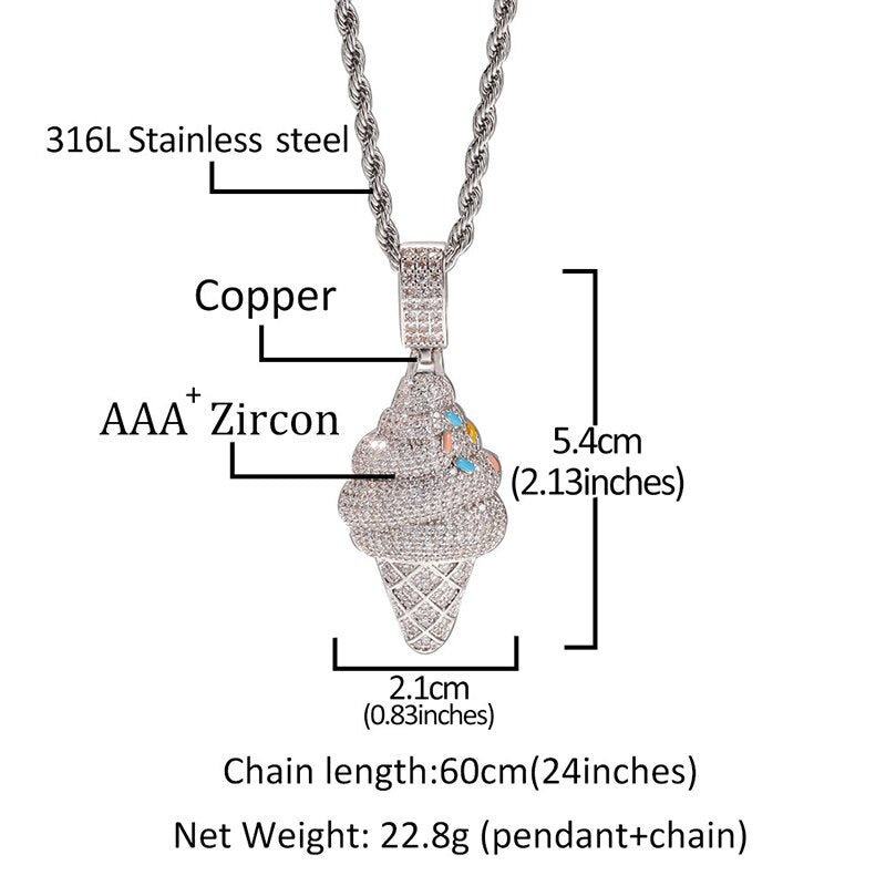 Hip Hop AAA Cubic Zirconia Bling Iced Out Silver Color Ice Cream Pendants Necklace for Men Women Jewelry Drop Shipping