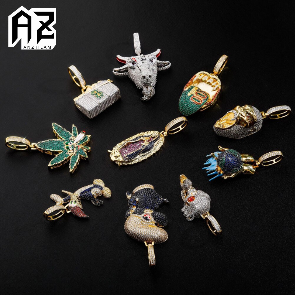 Hip Hop AAA+ Zircon Paved Bling Iced Out Necklace Leaves Orangutan Scorpion Gorilla Goat Dollar Money Bag Skull Pendants Jewelry
