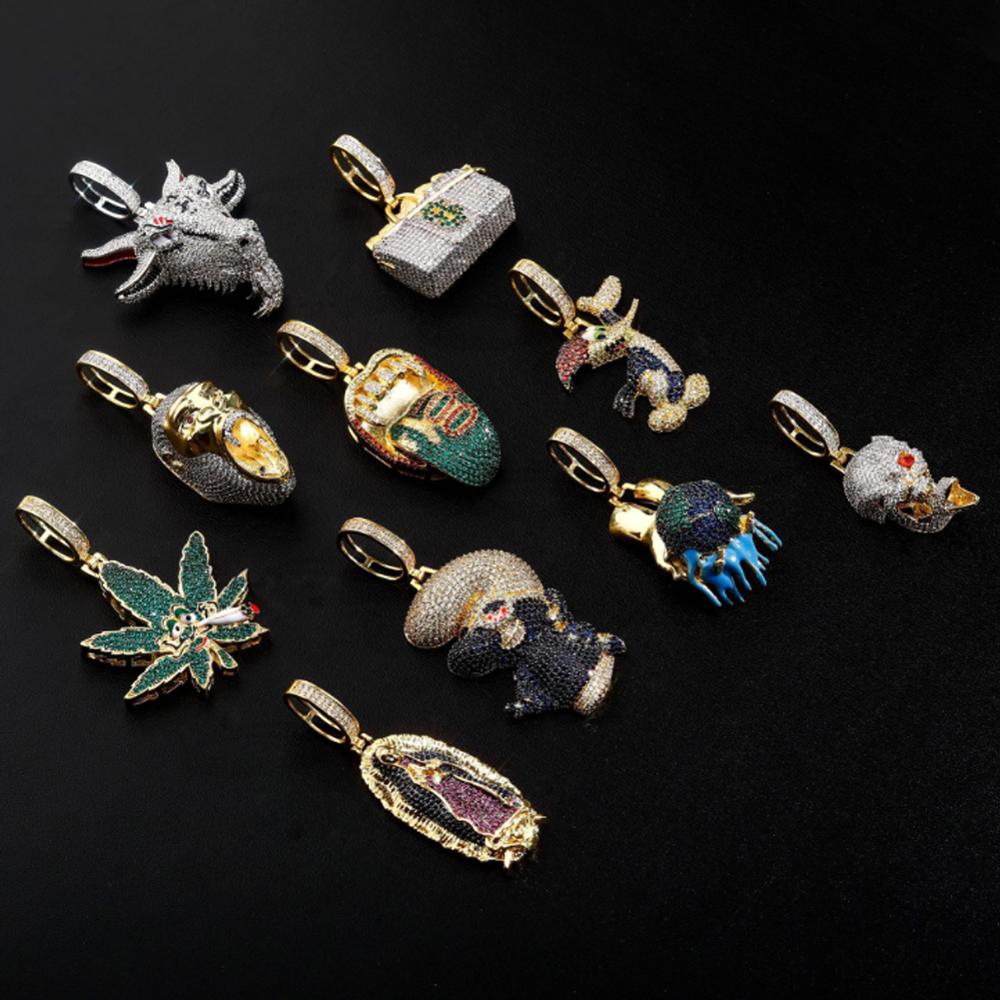Hip Hop AAA+ Zircon Paved Bling Iced Out Necklace Leaves Orangutan Scorpion Gorilla Goat Dollar Money Bag Skull Pendants Jewelry