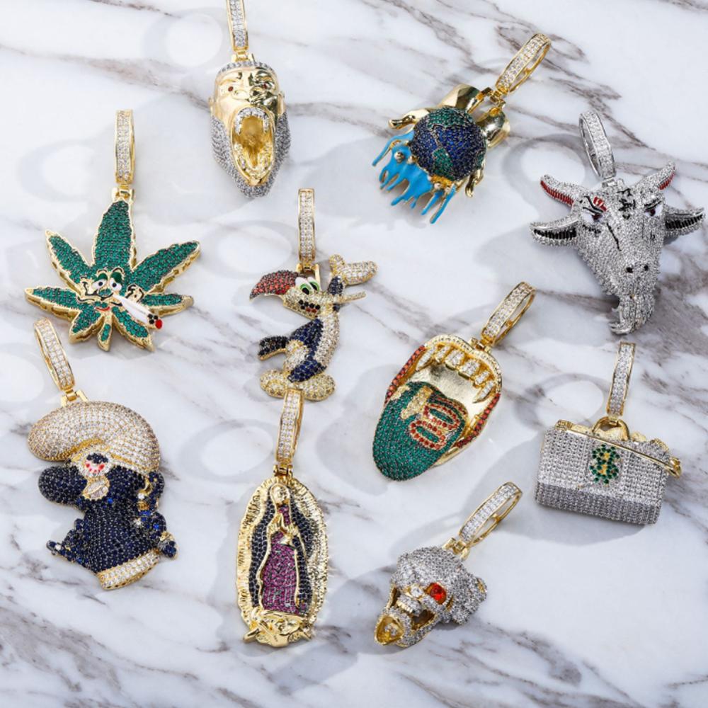 Hip Hop AAA+ Zircon Paved Bling Iced Out Necklace Leaves Orangutan Scorpion Gorilla Goat Dollar Money Bag Skull Pendants Jewelry