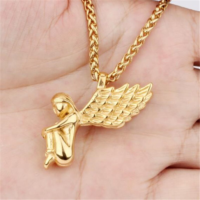 Hip Hop Angel Pendants Necklaces For Women Men Gold Silver Color Titanium Stainless Steel Chain Necklace Jewelry