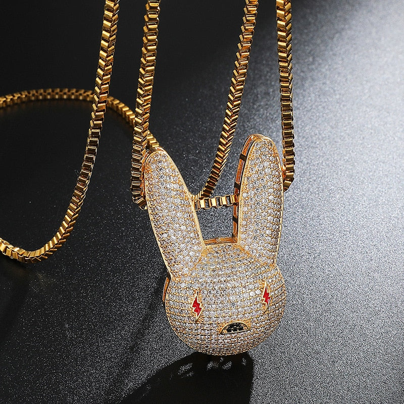 Hip Hop Bad Bunny Pendant Necklace Iced Out AAA Cubic Zirconia Bling Necklaces for Men Women Chain Gift Chain Jewelry bijoux fem