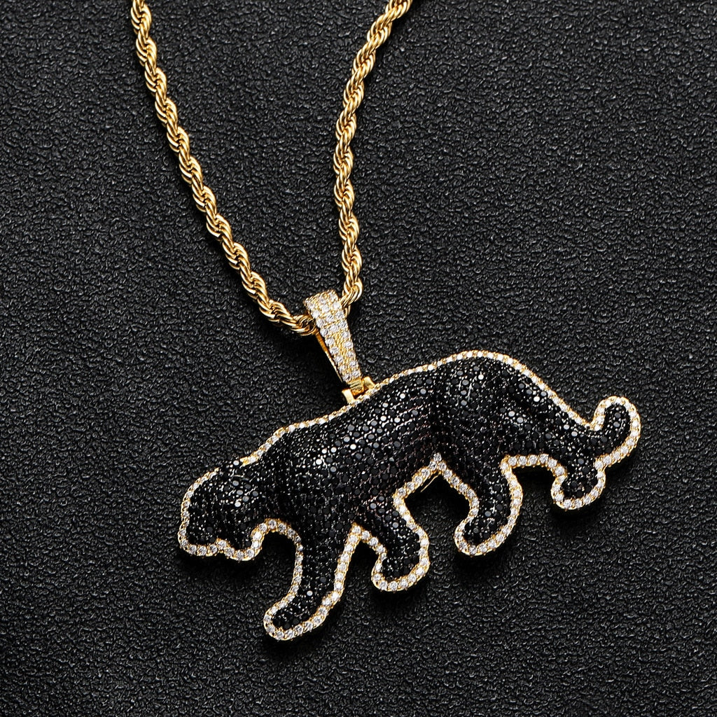 Hip Hop Black CZ Stone Paved Bling Iced Out Cheetah Leopard Pendants Necklaces for Men Rapper Jewelry Gift Drop Shipping