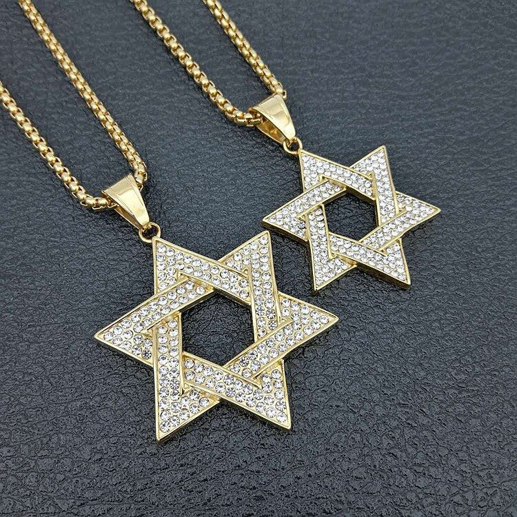 Hip Hop Bling Iced Out Rhinestone Gold color 316L Stainless Steel Jewish Star of David Hexagram Pendant Necklace for Men Rapper