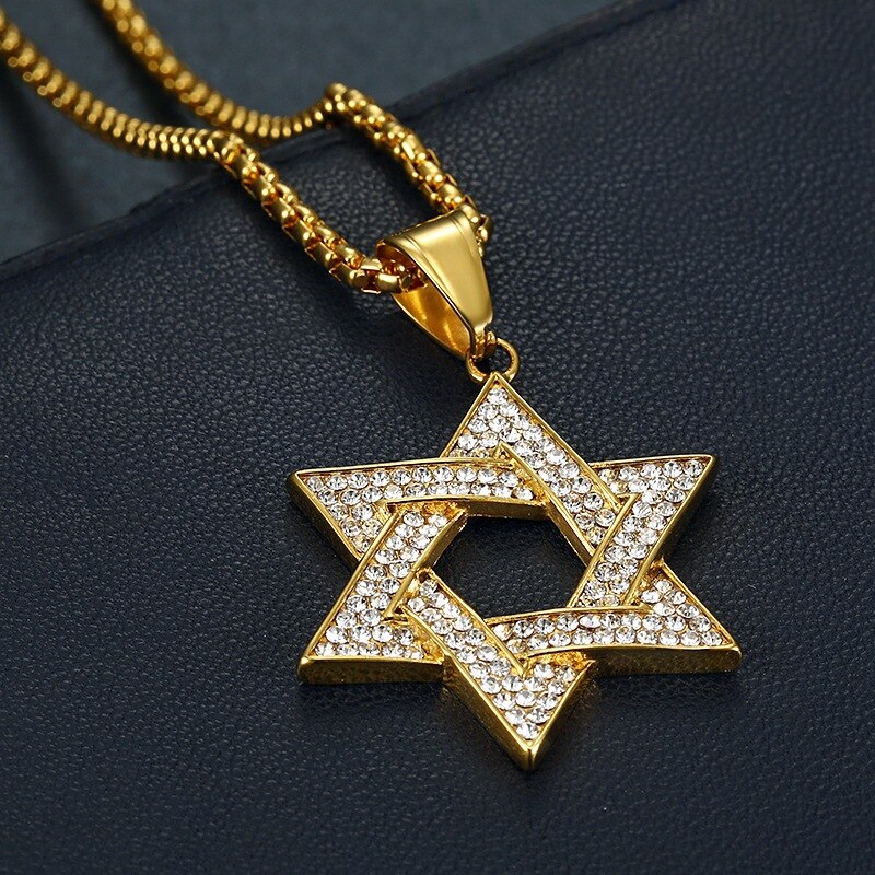 Hip Hop Bling Iced Out Rhinestone Gold color 316L Stainless Steel Jewish Star of David Hexagram Pendant Necklace for Men Rapper