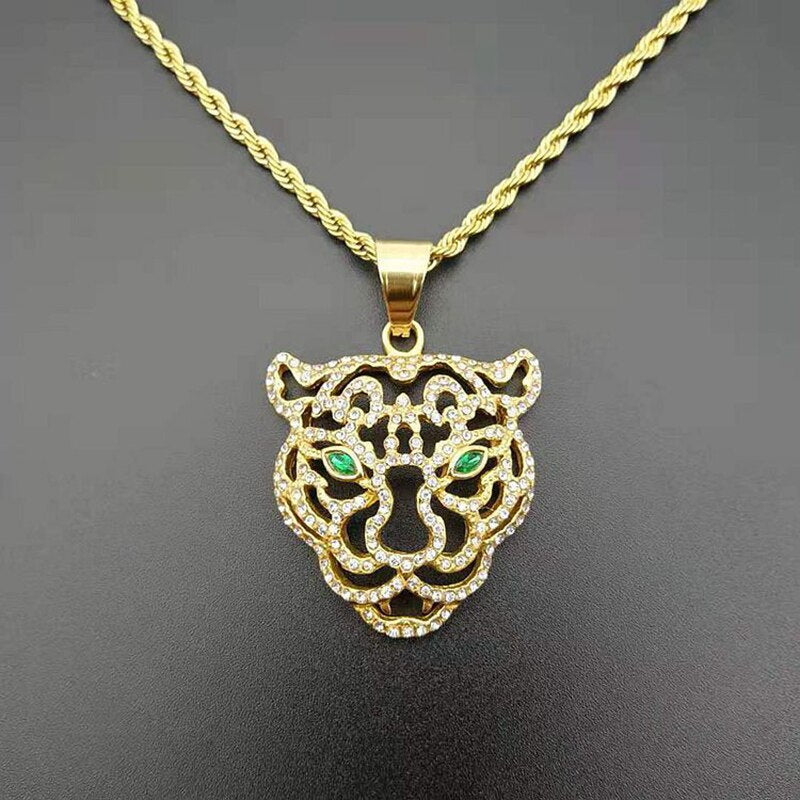 Hip Hop Bling Iced Out Rhinestones Gold Stainless Steel Hollow Green Eye Tiger Pendants Necklace for Men Rapper Jewelry