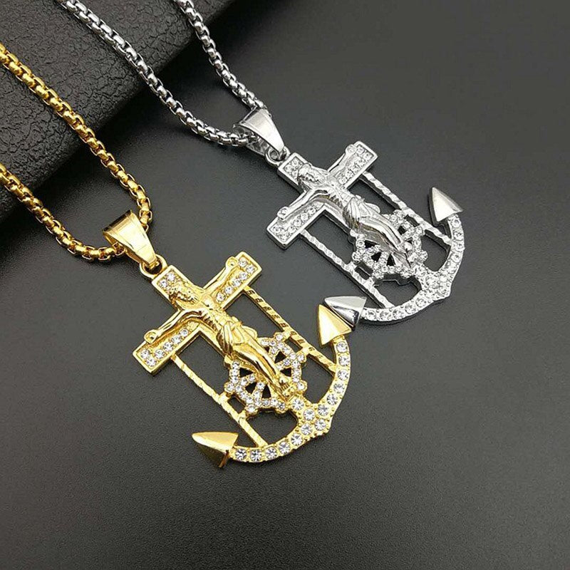 Hip Hop Bling Iced Out Stainless Steel INRI Crucifix Jesus Anchor Rudder Pendants Neckalce for Men Rapper Jewelry