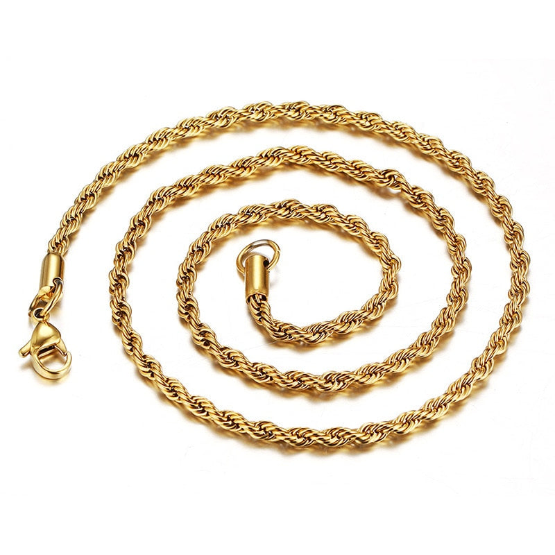 Hip Hop Chains For Men Women 3/5mm Gold Silver Color Stainless Steel Twisted Rope Chain Necklace Jewelry