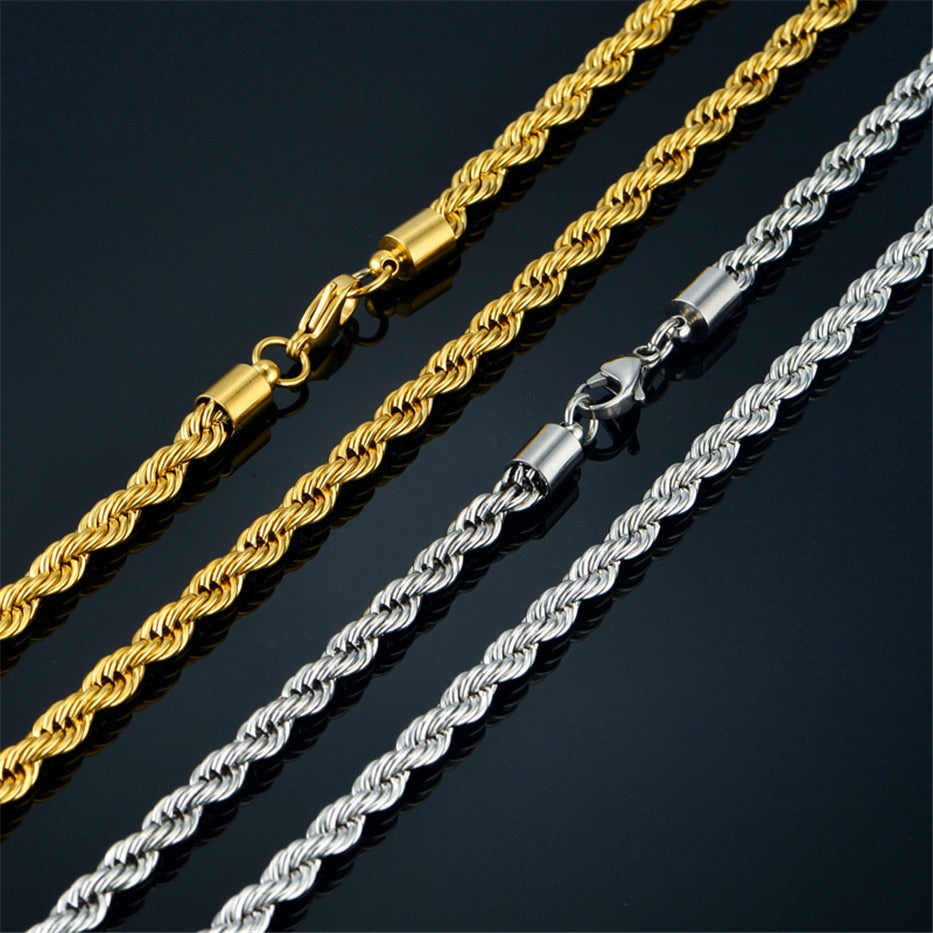 Hip Hop Chains For Men Women 3/5mm Gold Silver Color Stainless Steel Twisted Rope Chain Necklace Jewelry