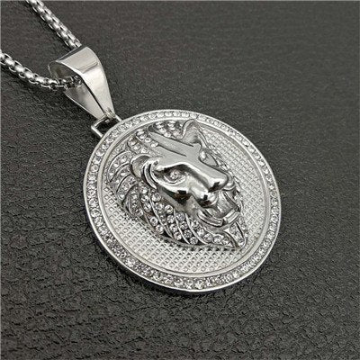 Hop Charm Iced Out Bling Golden Lion Head Pendants Necklaces Male Gold Color Stainless Steel Chain Rock Jewelry Gift For Men