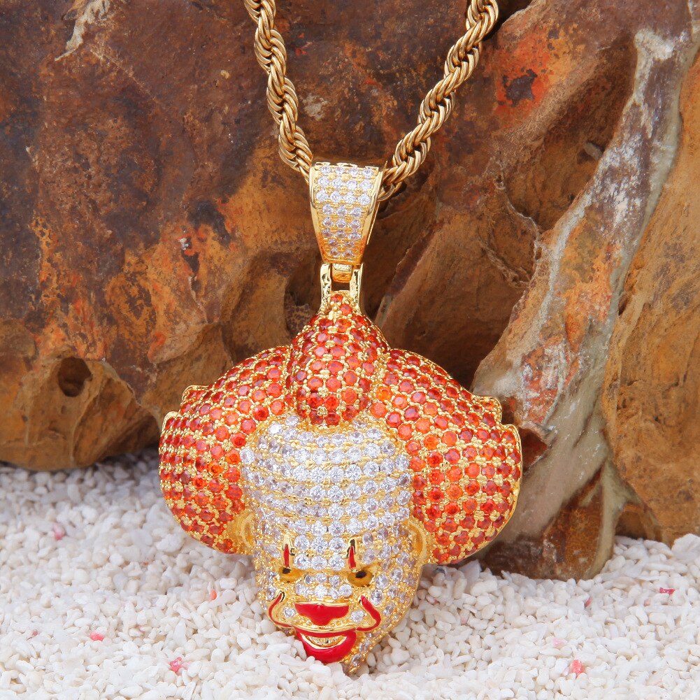 Hip-Hop Circus Clown Doll Mask Pendant Necklace Set with Zircon Colored Dripping Oil Men's Pendant Chain Cute Jewelry
