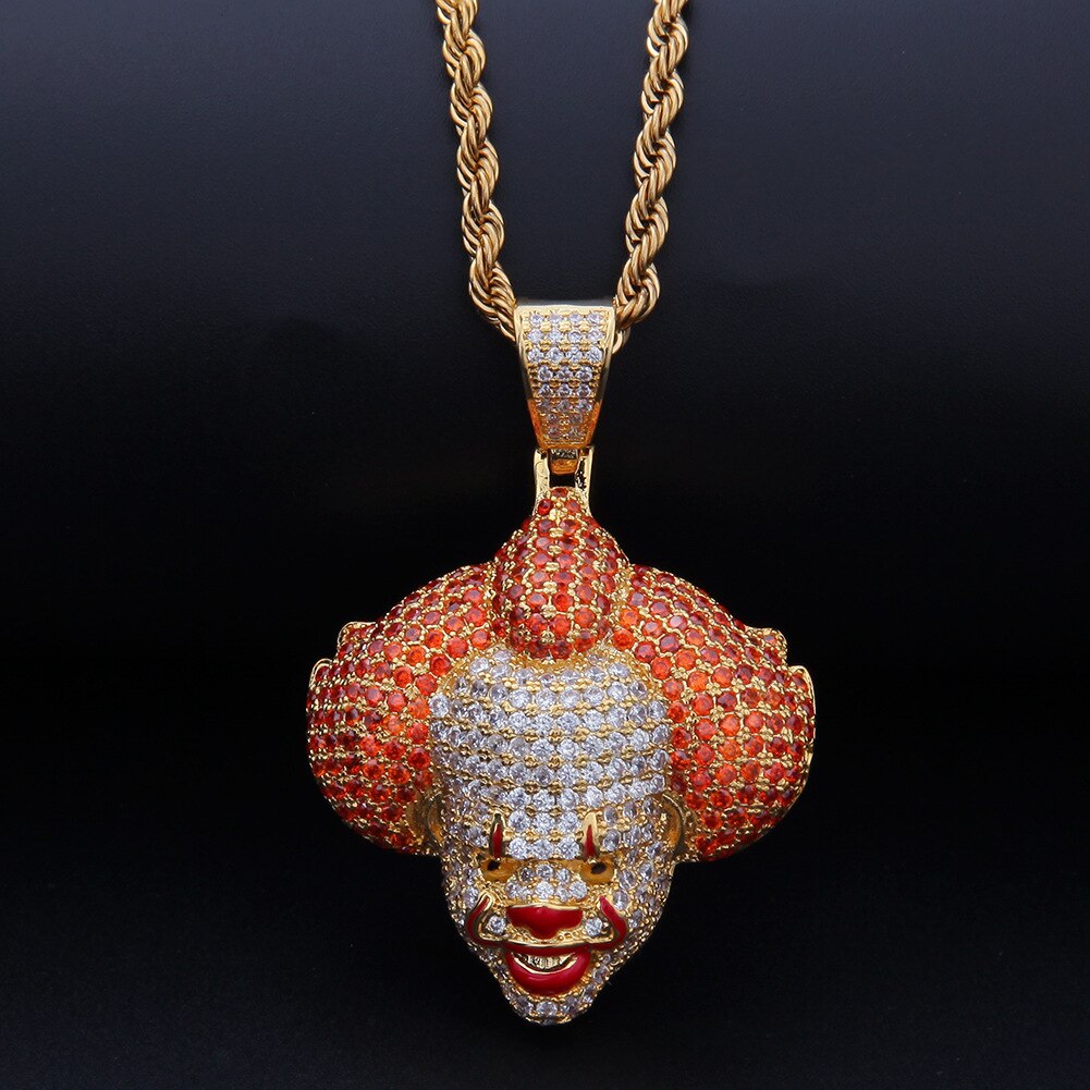 Hip-Hop Circus Clown Doll Mask Pendant Necklace Set with Zircon Colored Dripping Oil Men's Pendant Chain Cute Jewelry