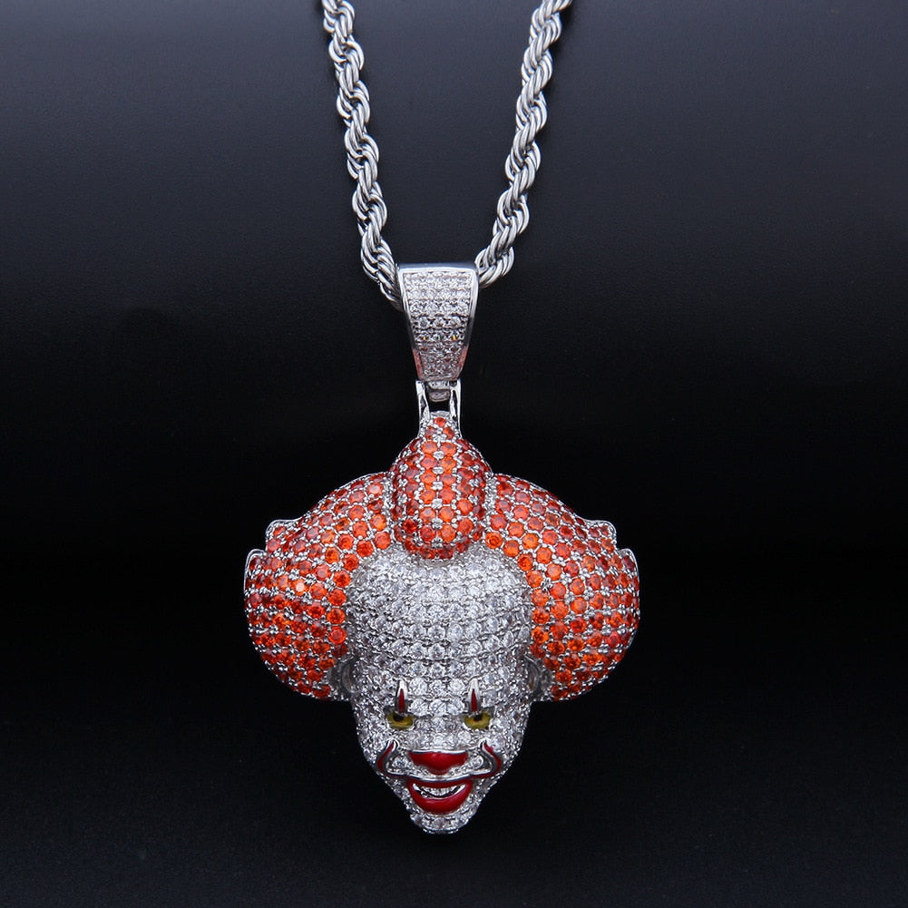 Hip-Hop Circus Clown Doll Mask Pendant Necklace Set with Zircon Colored Dripping Oil Men's Pendant Chain Cute Jewelry