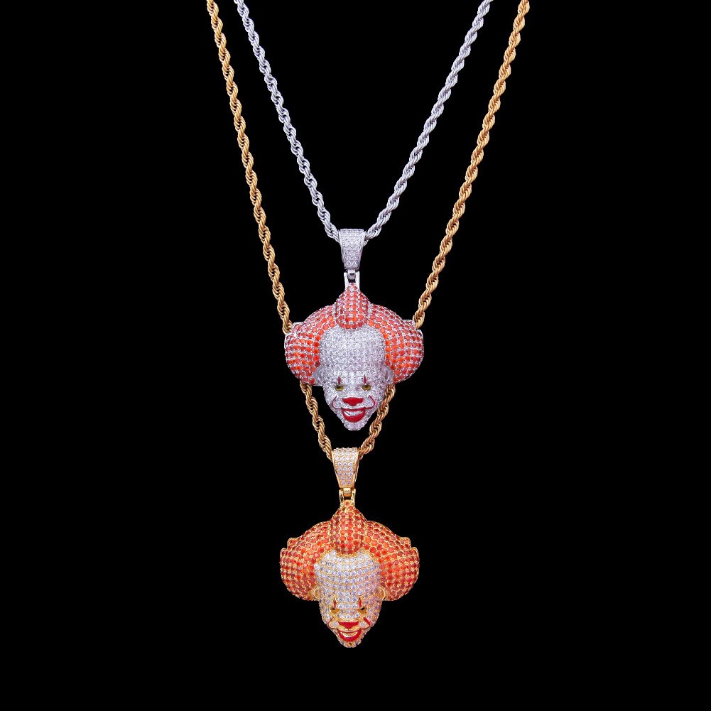 Hip-Hop Circus Clown Doll Mask Pendant Necklace Set with Zircon Colored Dripping Oil Men's Pendant Chain Cute Jewelry