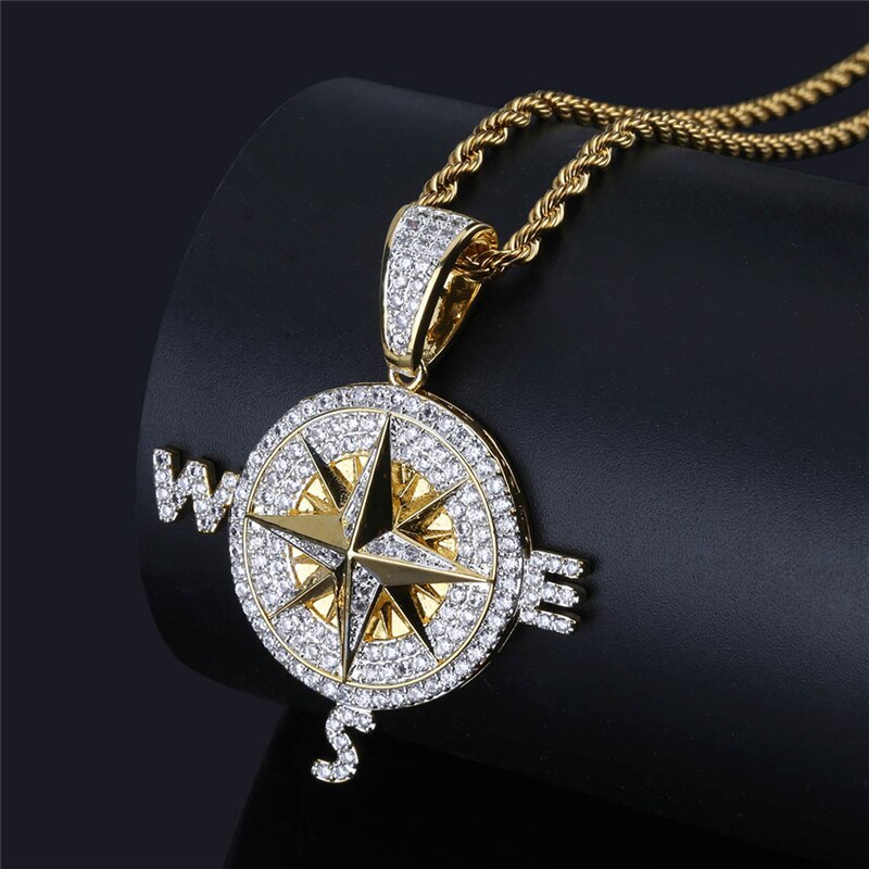 Hip Hop Compass Men's Pendant Necklace Golden Fine Man Round Pendants Boy Neck Necklaces Jewelry Accessories