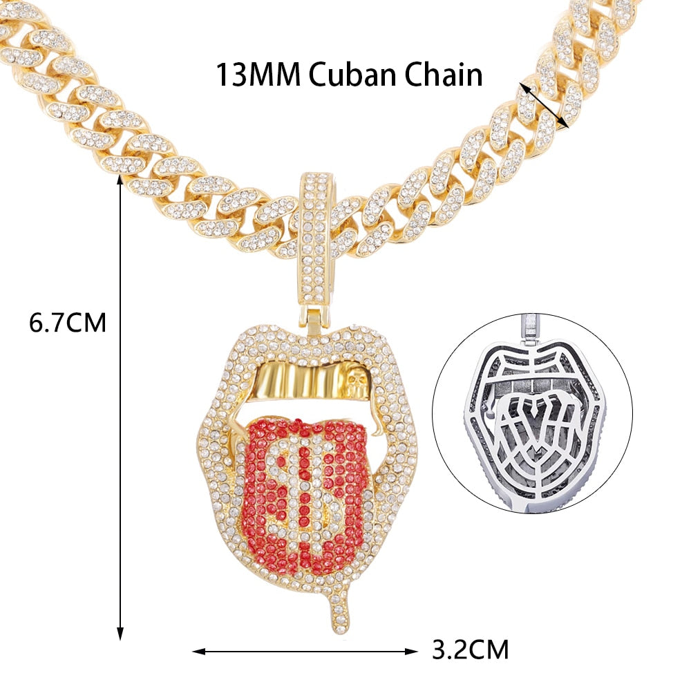 Hip Hop Drip Dollar Lip Pendant Necklace Jewelry Men Iced Out Cuban Link Chain Silver Color Tongue Necklace Pendant Women Gift