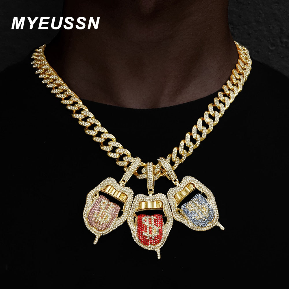 Hip Hop Drip Dollar Lip Pendant Necklace Jewelry Men Iced Out Cuban Link Chain Silver Color Tongue Necklace Pendant Women Gift