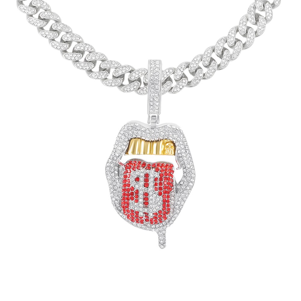 Hip Hop Drip Dollar Lip Pendant Necklace Jewelry Men Iced Out Cuban Link Chain Silver Color Tongue Necklace Pendant Women Gift