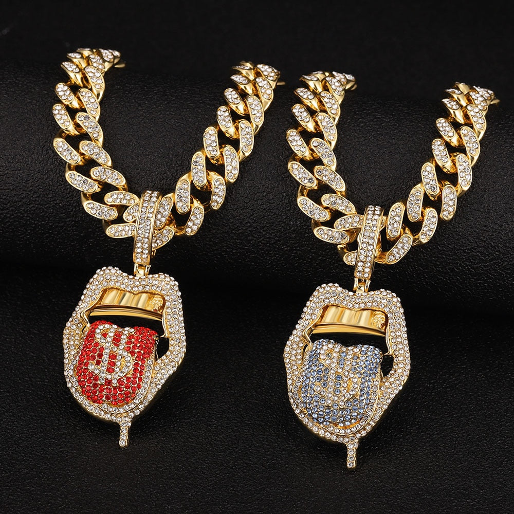 Hip Hop Drip Dollar Lip Pendant Necklace Jewelry Men Iced Out Cuban Link Chain Silver Color Tongue Necklace Pendant Women Gift