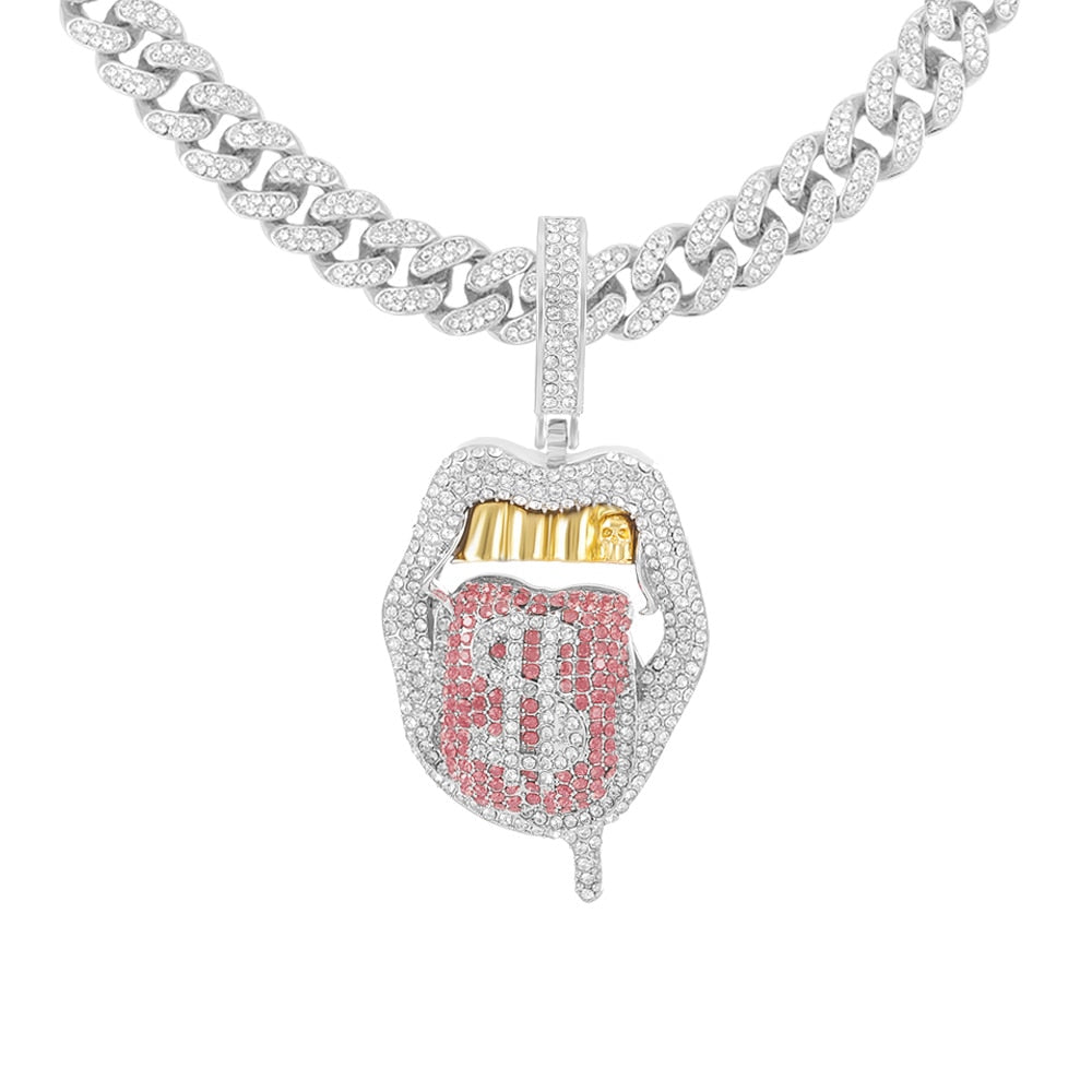 Hip Hop Drip Dollar Lip Pendant Necklace Jewelry Men Iced Out Cuban Link Chain Silver Color Tongue Necklace Pendant Women Gift