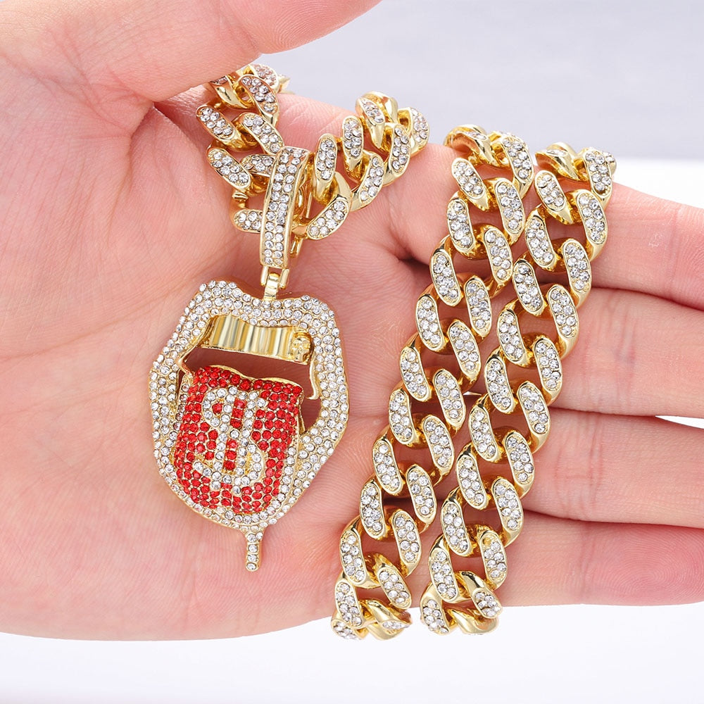 Hip Hop Drip Dollar Lip Pendant Necklace Jewelry Men Iced Out Cuban Link Chain Silver Color Tongue Necklace Pendant Women Gift