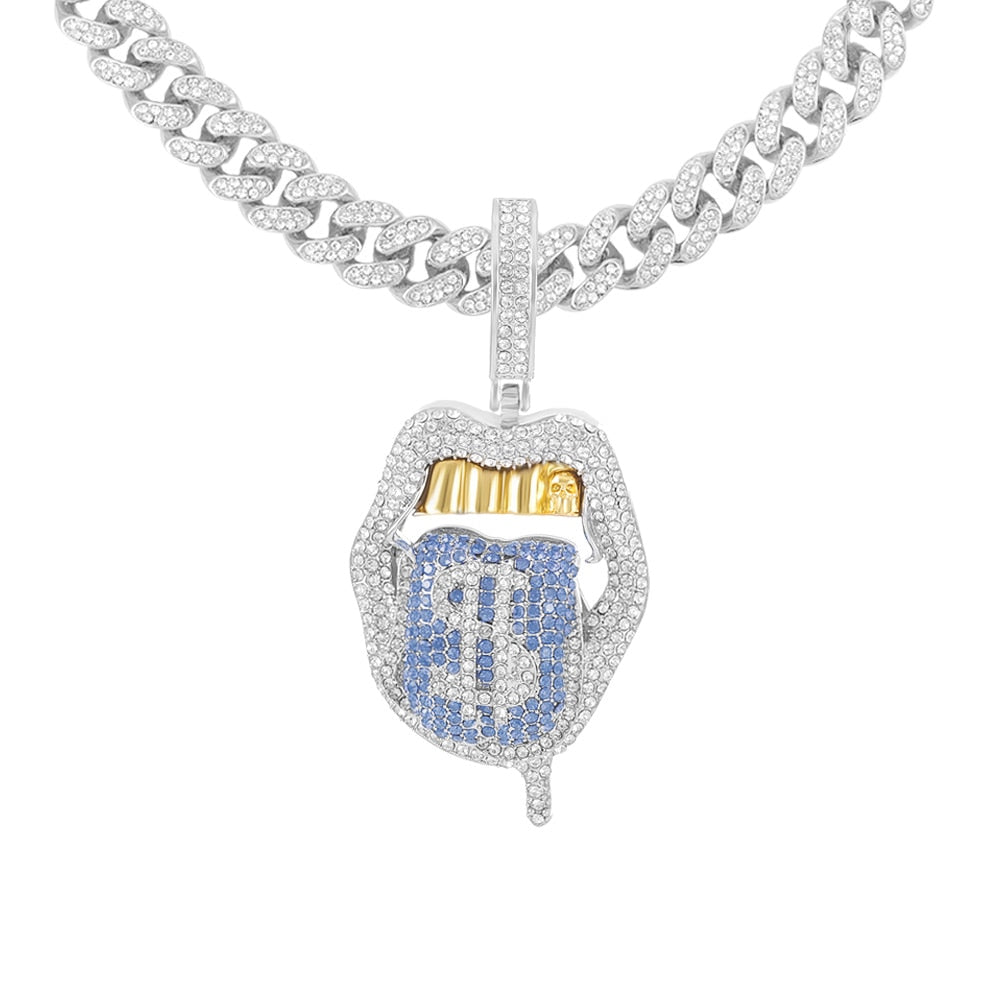 Hip Hop Drip Dollar Lip Pendant Necklace Jewelry Men Iced Out Cuban Link Chain Silver Color Tongue Necklace Pendant Women Gift