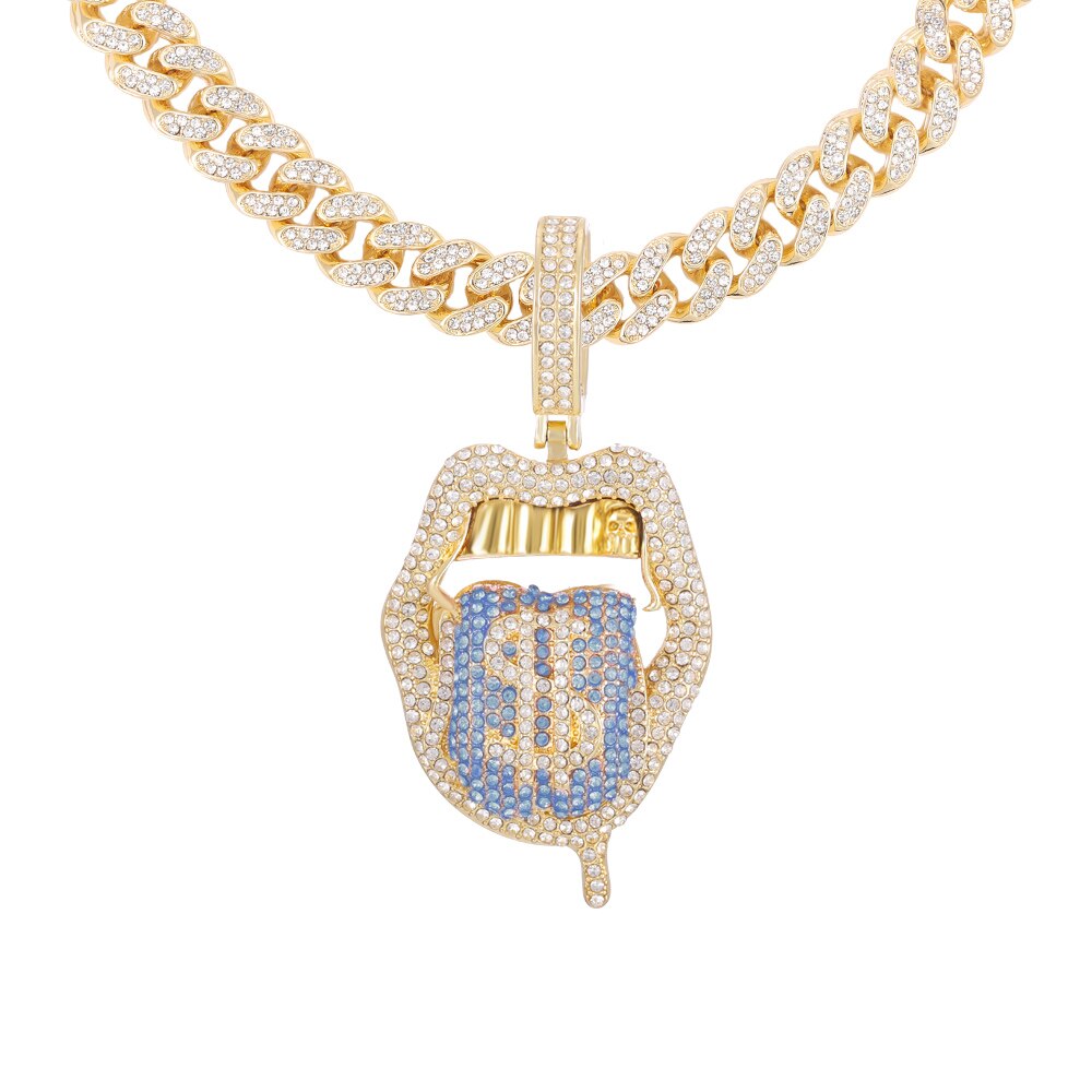 Hip Hop Drip Dollar Lip Pendant Necklace Jewelry Men Iced Out Cuban Link Chain Silver Color Tongue Necklace Pendant Women Gift