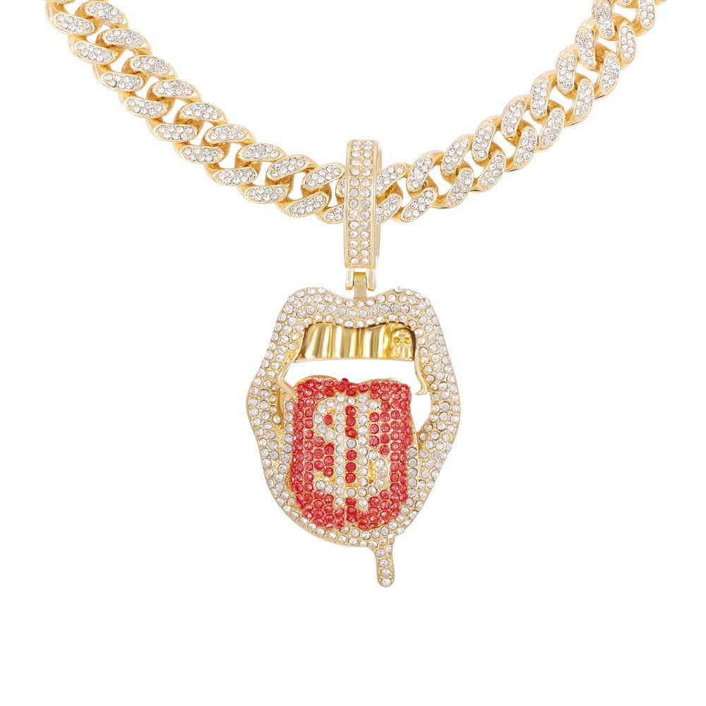 Hip Hop Drip Dollar Lip Pendant Necklace Jewelry Men Iced Out Cuban Link Chain Silver Color Tongue Necklace Pendant Women Gift