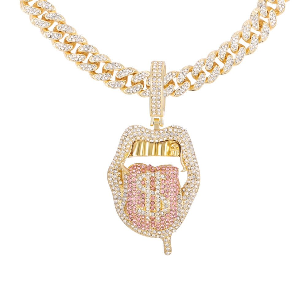 Hip Hop Drip Dollar Lip Pendant Necklace Jewelry Men Iced Out Cuban Link Chain Silver Color Tongue Necklace Pendant Women Gift