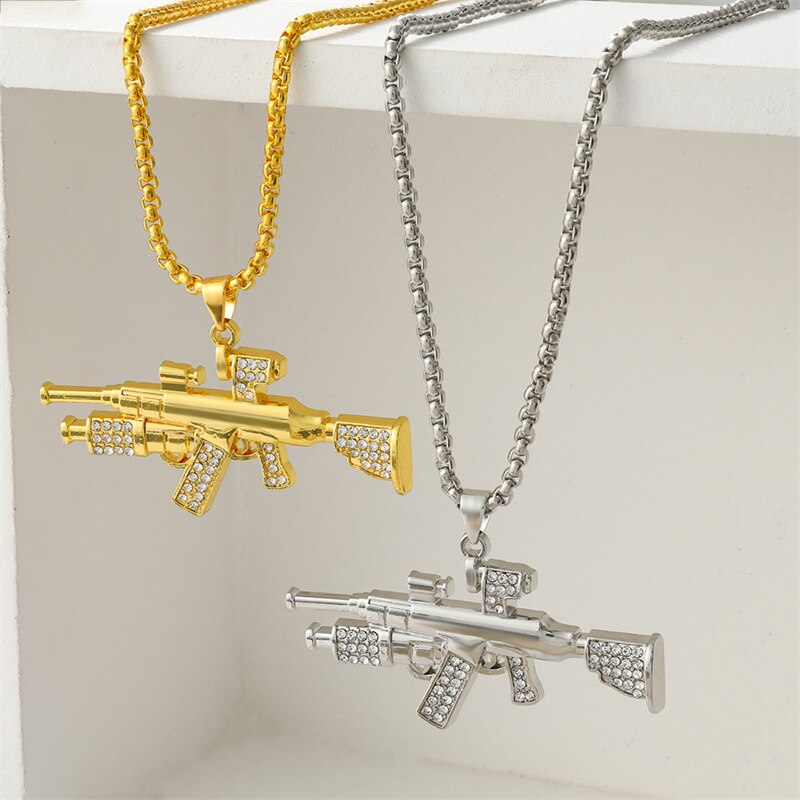 Hip Hop AK47 Rhinestones Link Chain Necklace Uzi Gun Pendant Steampunk Necklace Men Women Alloy Jewelry