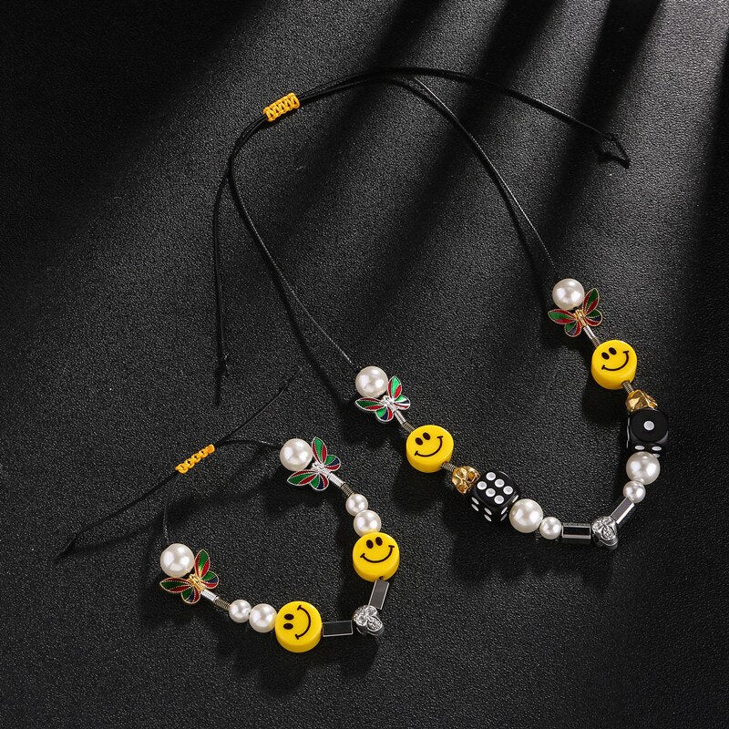 Hip Hop Brand Butterfly Necklace Bracelet Stainless Steel Sunflower Pearl Anti War Smiley Face Necklace
