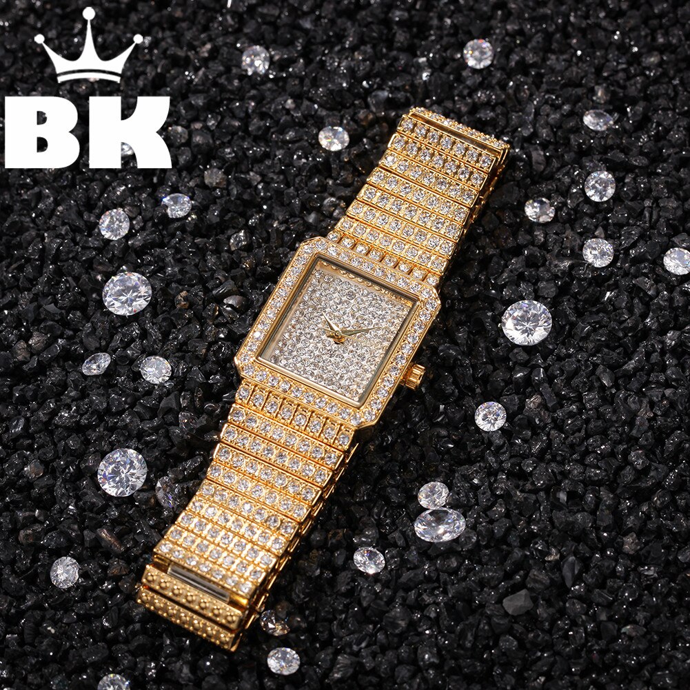 Hip Hop Full Iced Out Women Watch Stainless Steel Mechanical  Rhinestones Quartz Square Wristwatches Business Watch