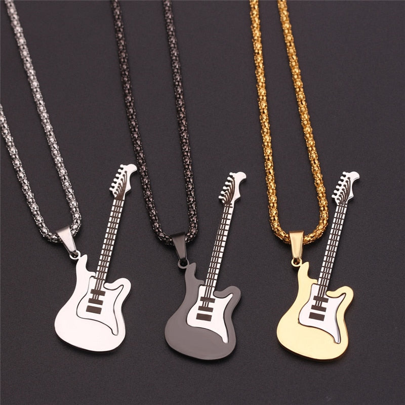 Hip Hop Gold Black Silver Color Men Women Stainless Steel Rock Music Guitar Pendant Jewelry Chain Necklace bijoux Gift